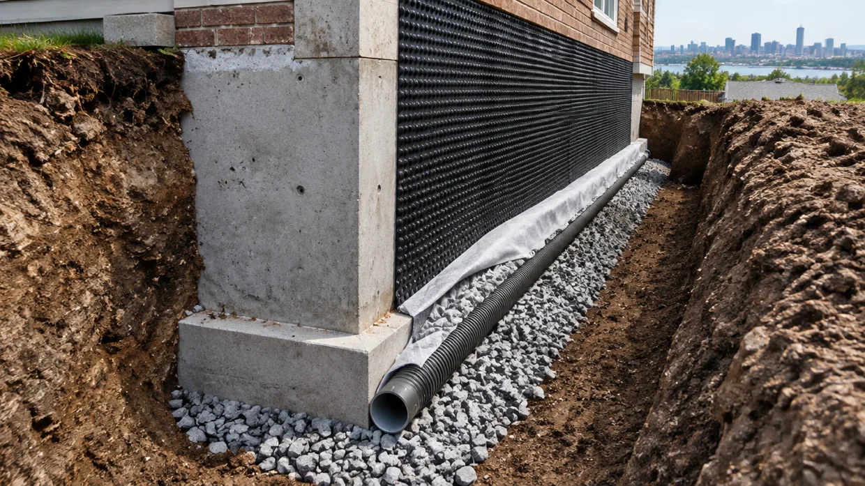Exterior foundation trench with new perforated weeping tile pipe and gravel bedding during a Hamilton installation