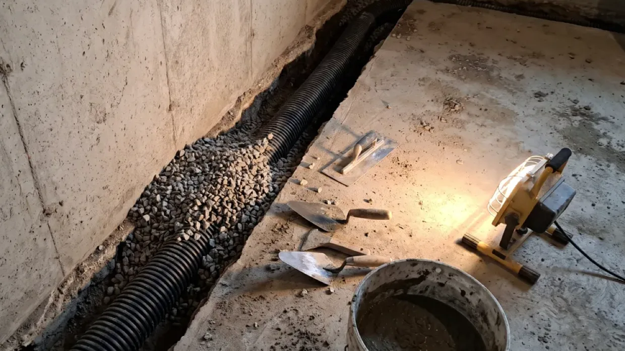 Weeping tile pipe laid in a gravel trench along the base of a basement wall