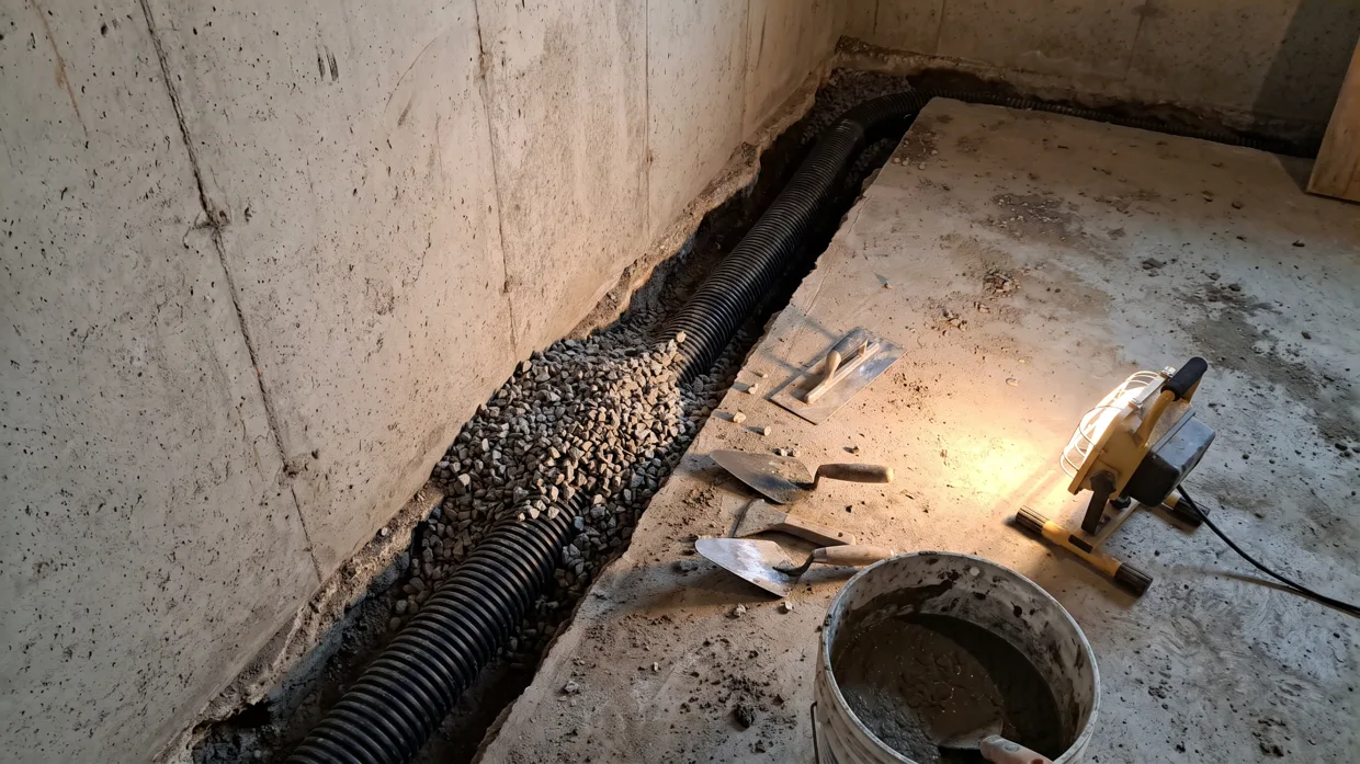 Interior basement perimeter trench partially backfilled with gravel over new weeping tile pipe