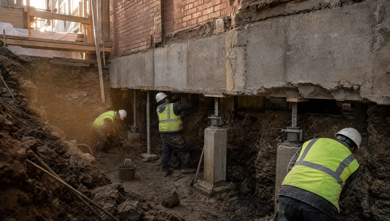 Section-by-section basement underpinning formwork beneath a Hamilton home foundation