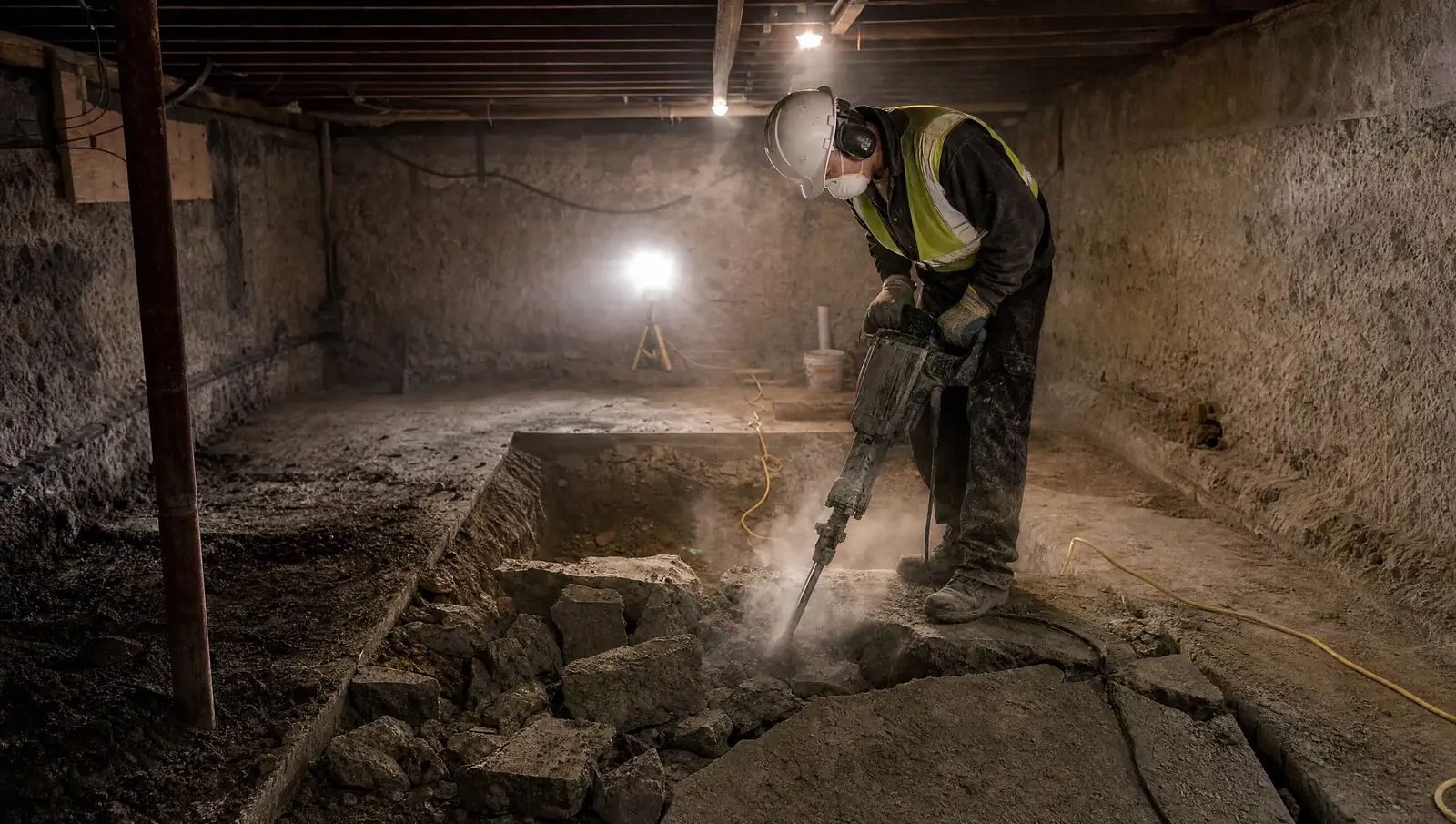 Basement lowering Hamilton - concrete floor removal in progress beneath residential foundation