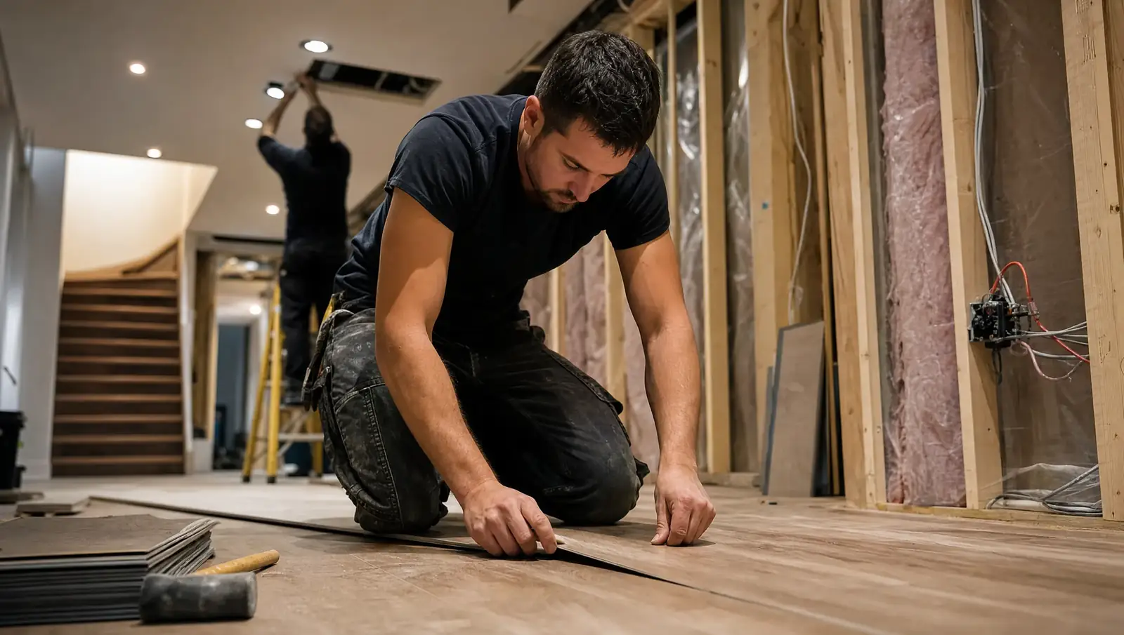 Basement finishing hamilton - vinyl plank flooring install with recessed lighting