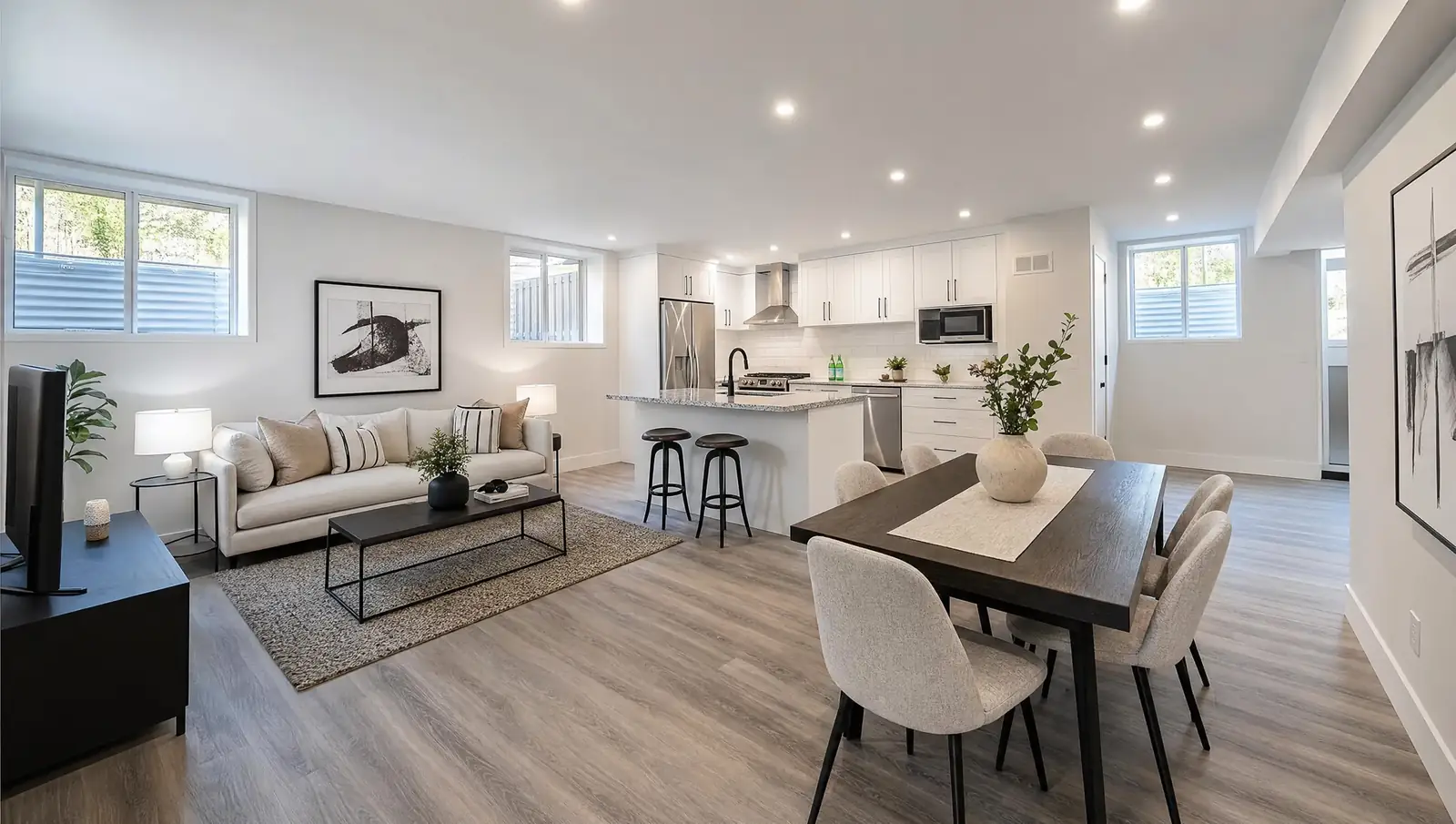 Basement finishing hamilton - completed open-concept legal suite with modern kitchen