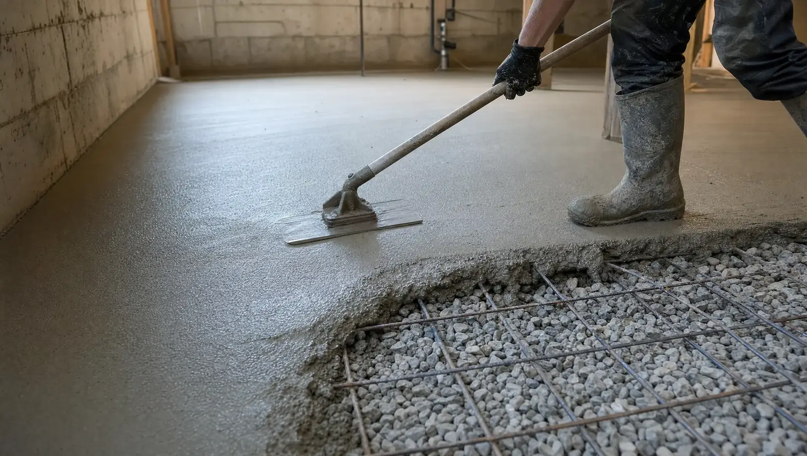 Concrete floor replacement hamilton - worker smoothing fresh concrete slab with bull float
