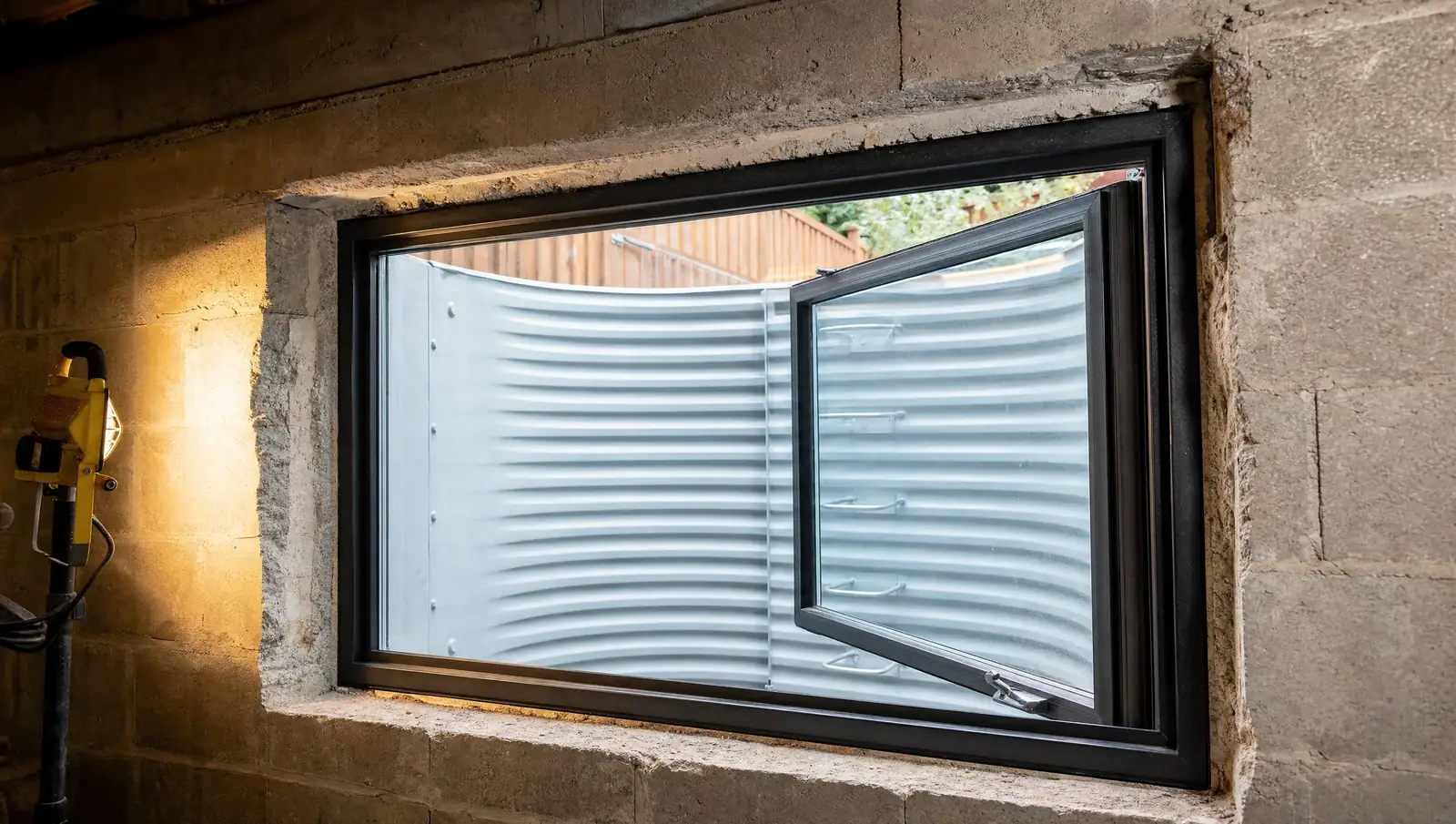 Egress windows Hamilton - window frame installation in freshly cut foundation wall