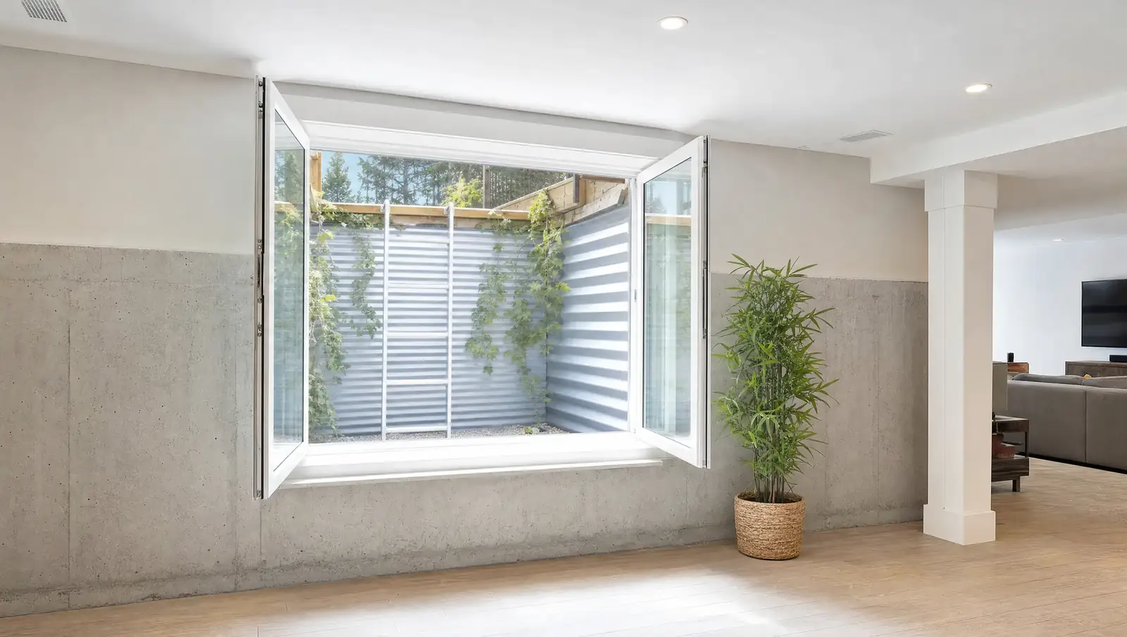 Egress windows Hamilton - completed window flooding basement with natural daylight