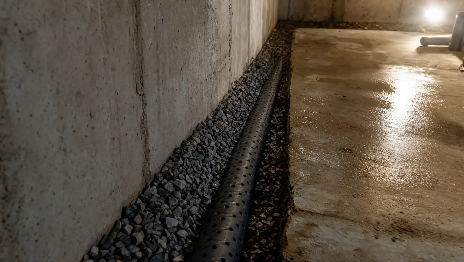 Interior waterproofing Hamilton - drainage channel installation along basement floor perimeter
