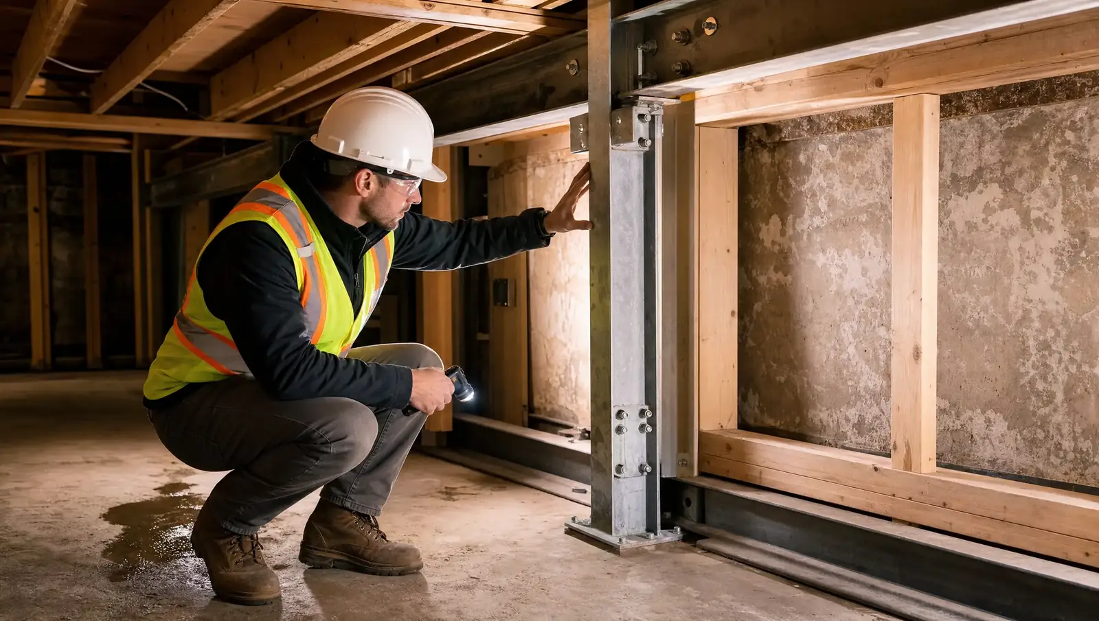 Structural engineering Hamilton - engineer inspecting completed foundation work in Hamilton basement