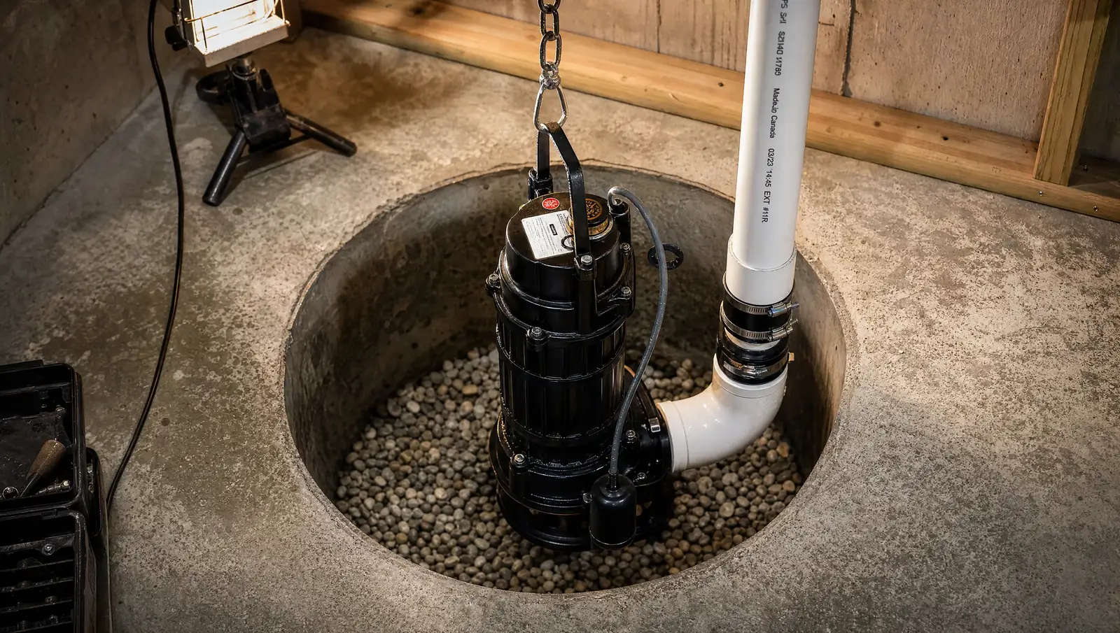 Sump pump installation Hamilton - pump being installed in basement sump pit