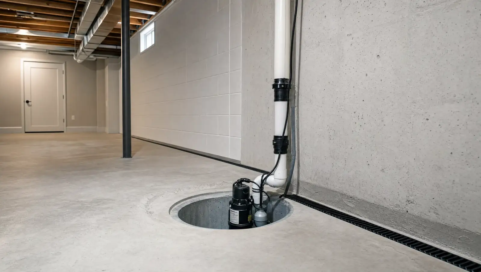 Sump pump installation Hamilton - completed sump pump system with drainage channel