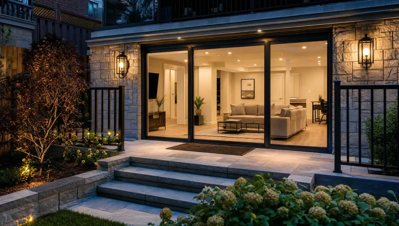 Walkout basement hamilton - finished exterior with stone steps and glass doors