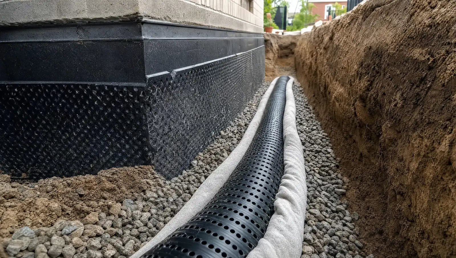 Weeping tile installation Hamilton - perforated pipe in gravel trench beside foundation wall