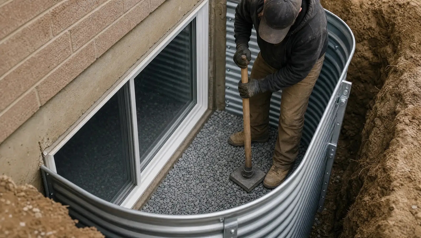 Window well installation hamilton - drainage gravel and steel well against foundation